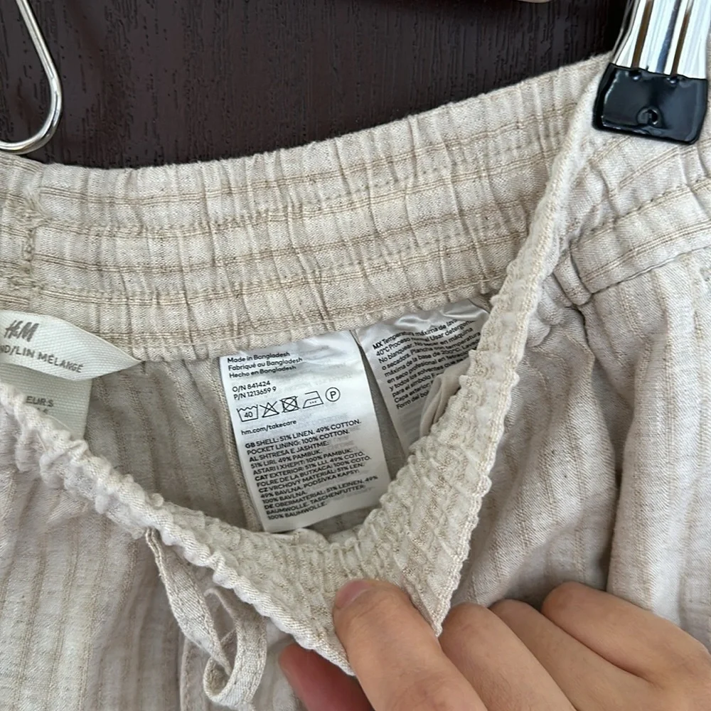 H&M Linen Blend Drawstring Pants Beige Relaxed Straight Leg Pants Women Size S